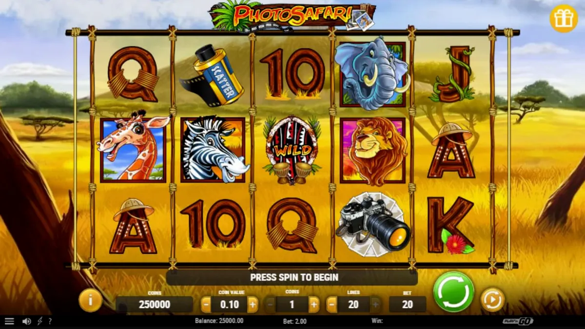 Interface do jogo de slot Photo Safari com animais da savana e equipamentos de fotografia
